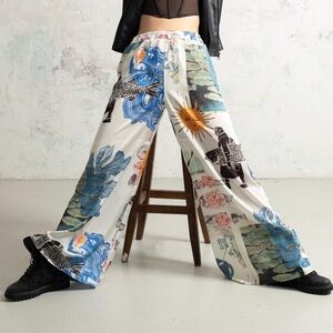 Floral Satin Wide Leg Pants: Botanical High Waist Trousers TheKitsun Etsy